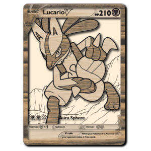 Immagine di una carta da collezione di Lucario V in legno, realizzata con un file a strati per taglio laser.
